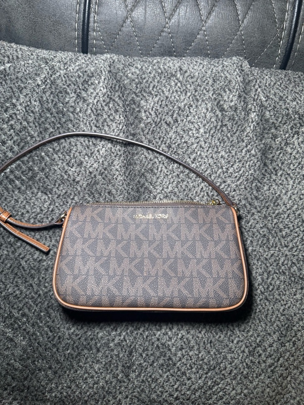 Michael Kors Brown MK Logo Wristlet with Gold Logo